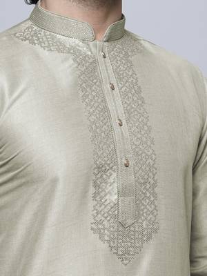Maahi fabs bottle pista colour cotton blend mirror sequence work design ethnic long kurta for men 2