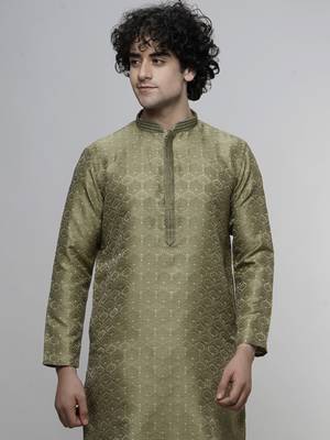 mens cotton blend stylish floral design green kurta 2