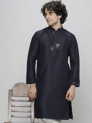 Maahi fabs bottle navy blue colour cotton blend mirror sequence work design ethnic long kurta for men 1