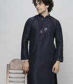 Maahi fabs bottle navy blue colour cotton blend mirror sequence work design ethnic long kurta for men