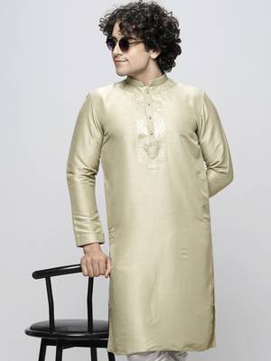 Maahi fabs bottle pista colour cotton blend mirror sequence work design ethnic long kurta for men 1