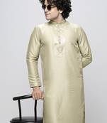 Maahi fabs bottle pista colour cotton blend mirror sequence work design ethnic long kurta for men