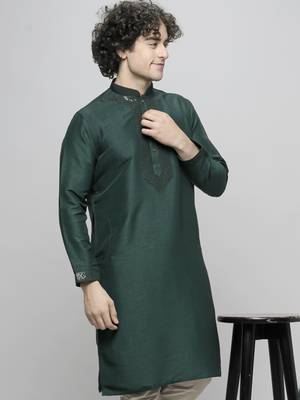 bottle green colour cotton blend mirror sequence work design ethnic long kurta for men 1