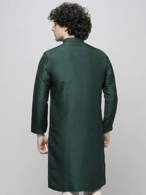 bottle green colour cotton blend mirror sequence work design ethnic long kurta for men 4