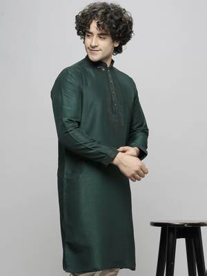bottle green colour cotton blend mirror sequence work design ethnic long kurta for men 5