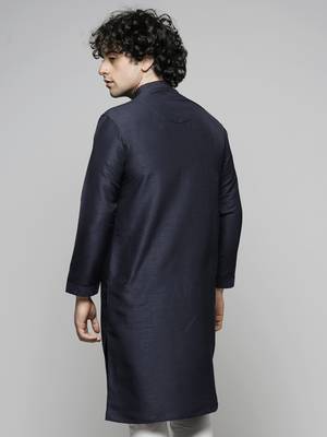 blue colour cotton blend thread embriodered work design ethnic kurta for men 2