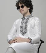Maahi fabs white colour cotton blend thread embriodered work design ethnic kurta for men