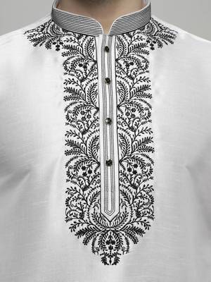 Maahi fabs white colour cotton blend thread embriodered work design ethnic kurta for men 4