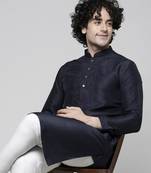 blue colour cotton blend thread embriodered work design ethnic kurta for men