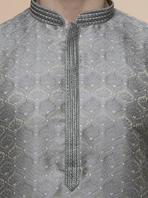mens cotton blend stylish floral design grey kurta for pefect wedding and prty occasion 2