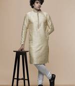 Maahi fabs mens cotton blend stylish floral design fawn kurta for pefect wedding and prty occasion