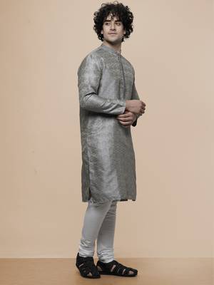 mens cotton blend stylish floral design grey kurta for pefect wedding and prty occasion 3