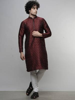Maahi fabs mens cotton blend stylish floral design maroon kurta for pefect wedding and prty occasion 5