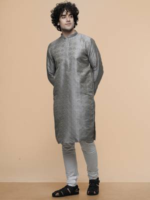 mens cotton blend stylish floral design grey kurta for pefect wedding and prty occasion 4