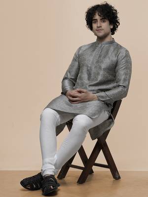 mens cotton blend stylish floral design grey kurta for pefect wedding and prty occasion 1