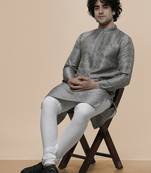mens cotton blend stylish floral design grey kurta for pefect wedding and prty occasion