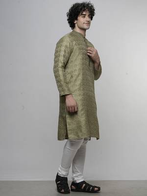 mens cotton blend stylish floral design green kurta 3
