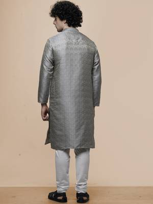 mens cotton blend stylish floral design grey kurta for pefect wedding and prty occasion 5
