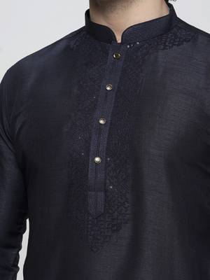 Maahi fabs bottle navy blue colour cotton blend mirror sequence work design ethnic long kurta for men 5