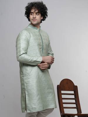 mens cotton blend stylish floral design seagreen kurta 2