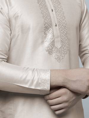 Maahi fabs bottle peach colour cotton blend mirror sequence work design ethnic long kurta for men 5