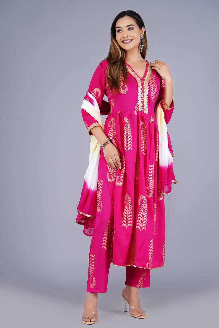 Dark Pink Viscose Rayon Printed Kurta Pant With Dupatta