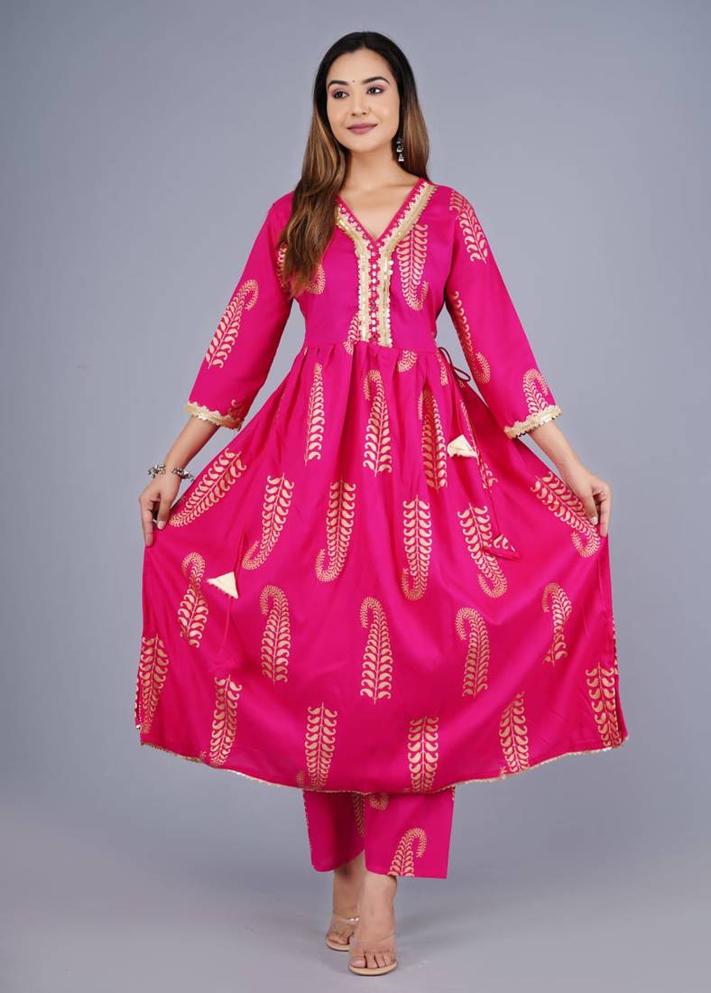 Dark Pink Viscose Rayon Printed Kurta Pant With Dupatta