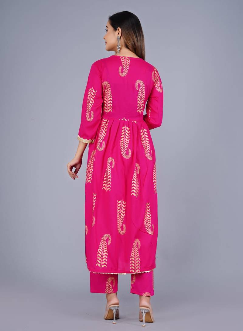 Dark Pink Viscose Rayon Printed Kurta Pant With Dupatta