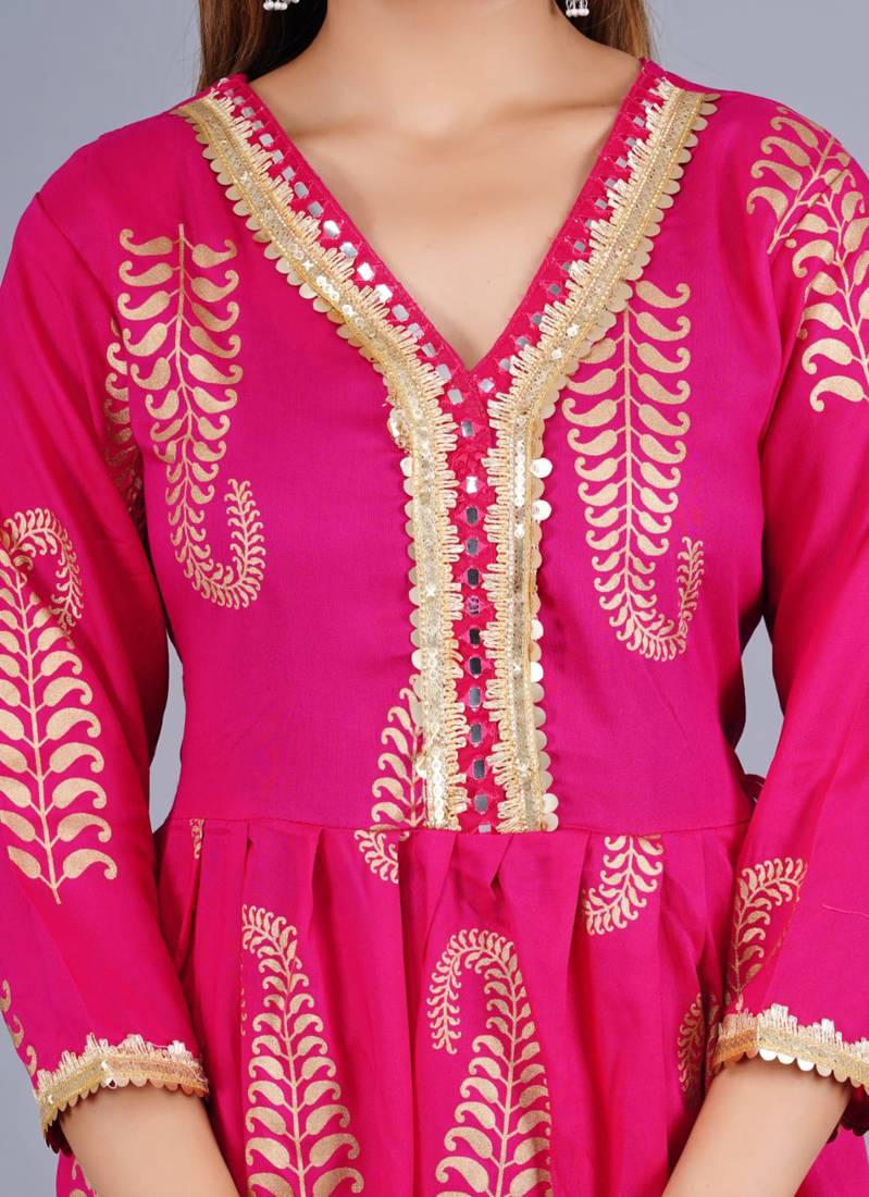 Dark Pink Viscose Rayon Printed Kurta Pant With Dupatta