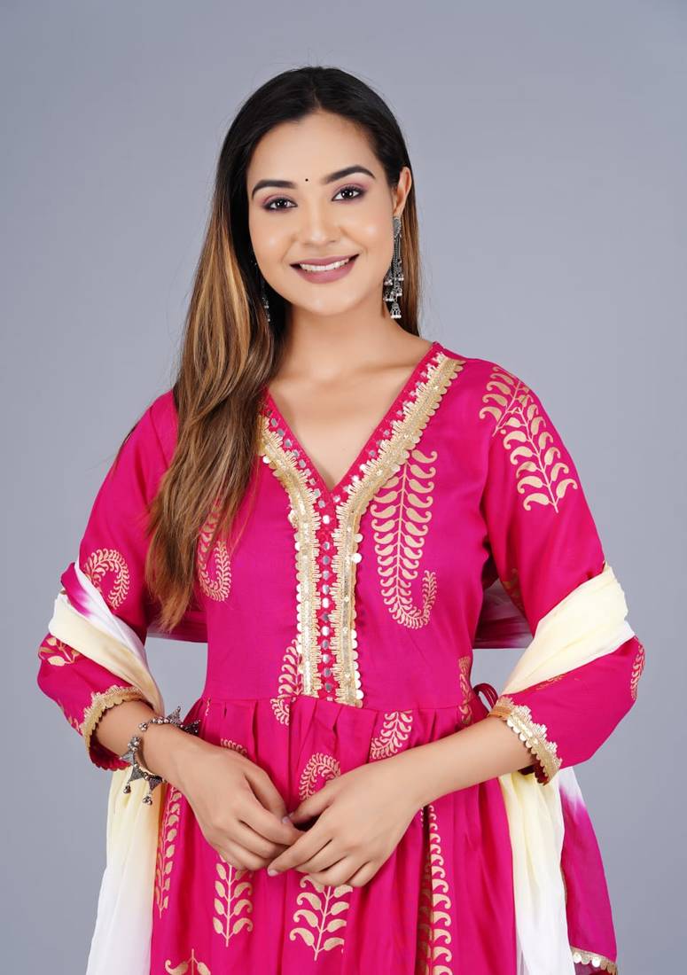 Dark Pink Viscose Rayon Printed Kurta Pant With Dupatta