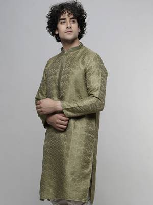 mens cotton blend stylish floral design green kurta 4