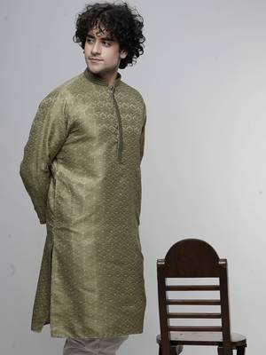 mens cotton blend stylish floral design green kurta 1