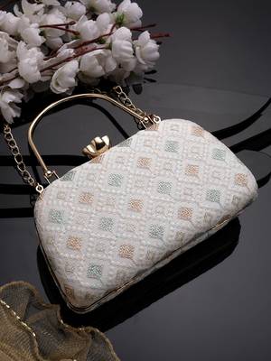 hue white & multi diamond embroidered faux silk clutch 1