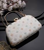 hue white & multi diamond embroidered faux silk clutch