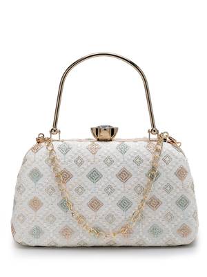 hue white & multi diamond embroidered faux silk clutch 3