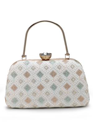 hue white & multi diamond embroidered faux silk clutch 4