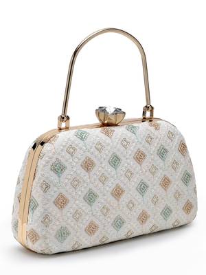 hue white & multi diamond embroidered faux silk clutch 5