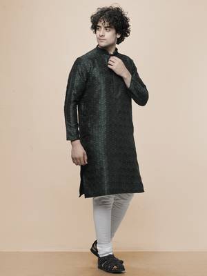 Maahi fabs mens cotton blend stylish floral design darkgreen kurta for pefect wedding and prty occasion 3