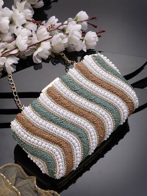 adorn peanut brown, teal green & white wave embellished faux silk clutch 1