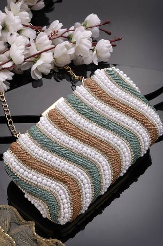 adorn peanut brown, teal green & white wave embellished faux silk clutch