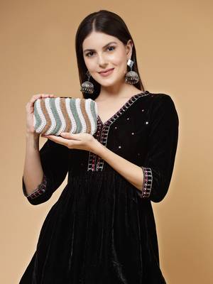 adorn peanut brown, teal green & white wave embellished faux silk clutch 2