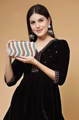 adorn peanut brown, teal green & white wave embellished faux silk clutch