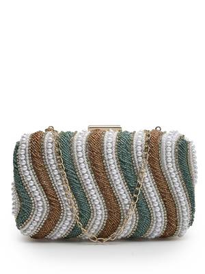 adorn peanut brown, teal green & white wave embellished faux silk clutch 3