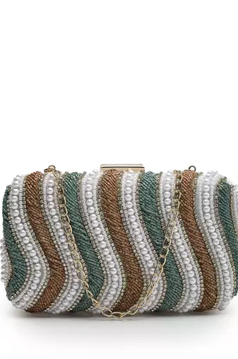 adorn peanut brown, teal green & white wave embellished faux silk clutch