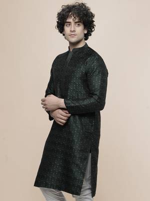 Maahi fabs mens cotton blend stylish floral design darkgreen kurta for pefect wedding and prty occasion 4