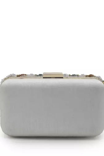 adorn peanut brown, teal green & white wave embellished faux silk clutch