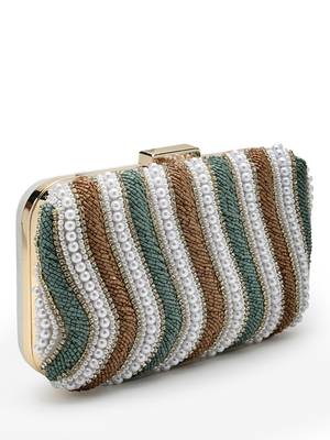 adorn peanut brown, teal green & white wave embellished faux silk clutch 5