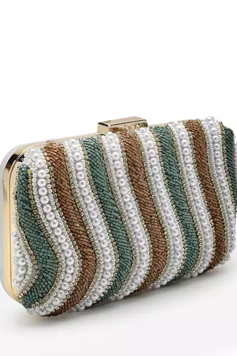 adorn peanut brown, teal green & white wave embellished faux silk clutch