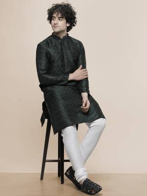 Maahi fabs mens cotton blend stylish floral design darkgreen kurta for pefect wedding and prty occasion 1