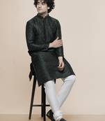 Maahi fabs mens cotton blend stylish floral design darkgreen kurta for pefect wedding and prty occasion